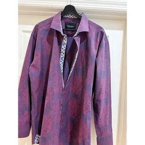Maceoo Shirt Mens 3XL 7 Purple Red Jacquard Abstract Geometric Trim Luxury